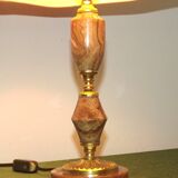 French vintage round brown marble table lamp gold detail beige fabric shade 4059