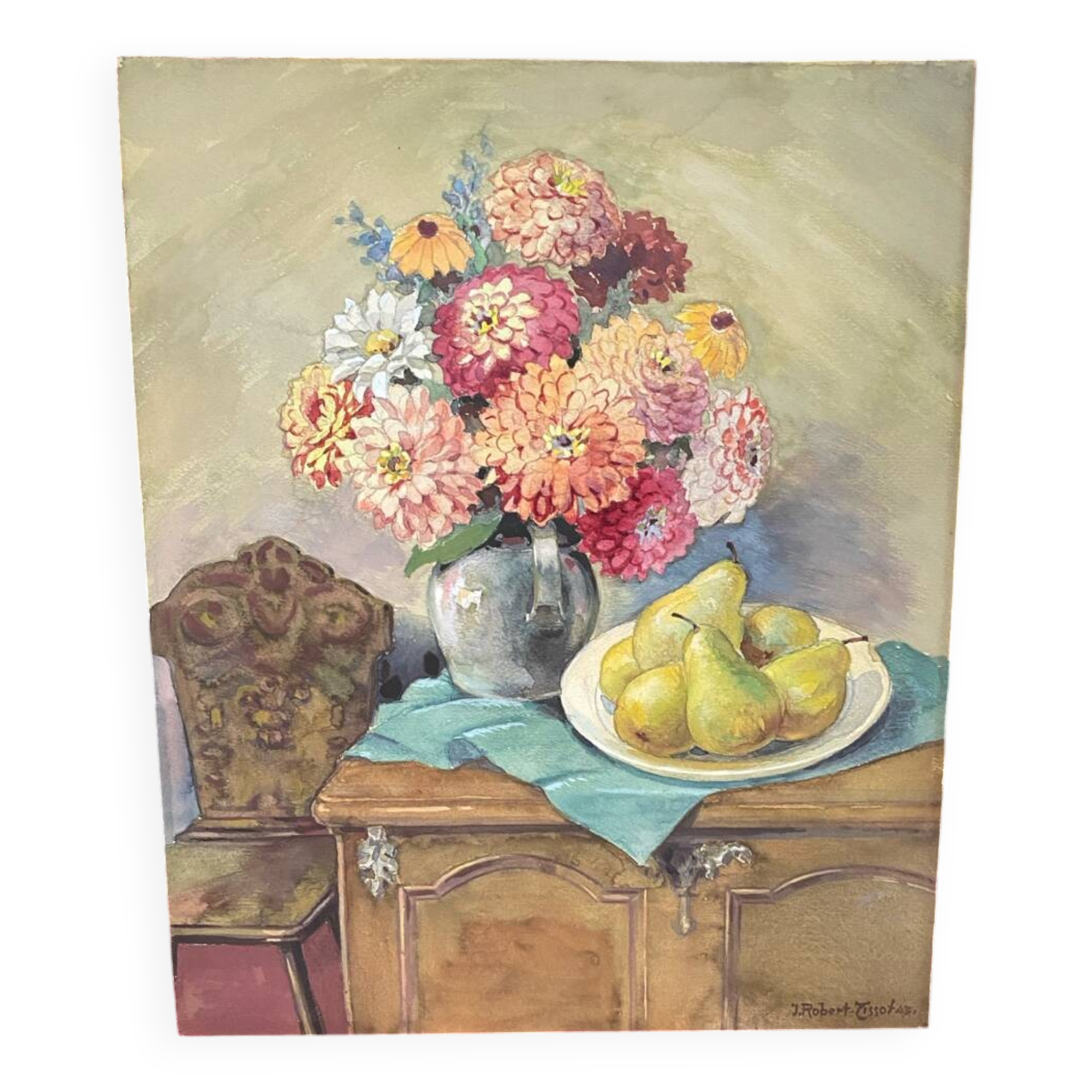 Antique watercolor still life on panel