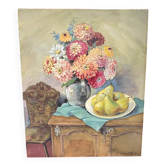 Aquarelle ancienne nature morte sur panneau