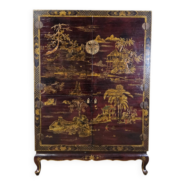 Cabinet chinois vintage (rouge/or) scène traditionnelle bohémienne