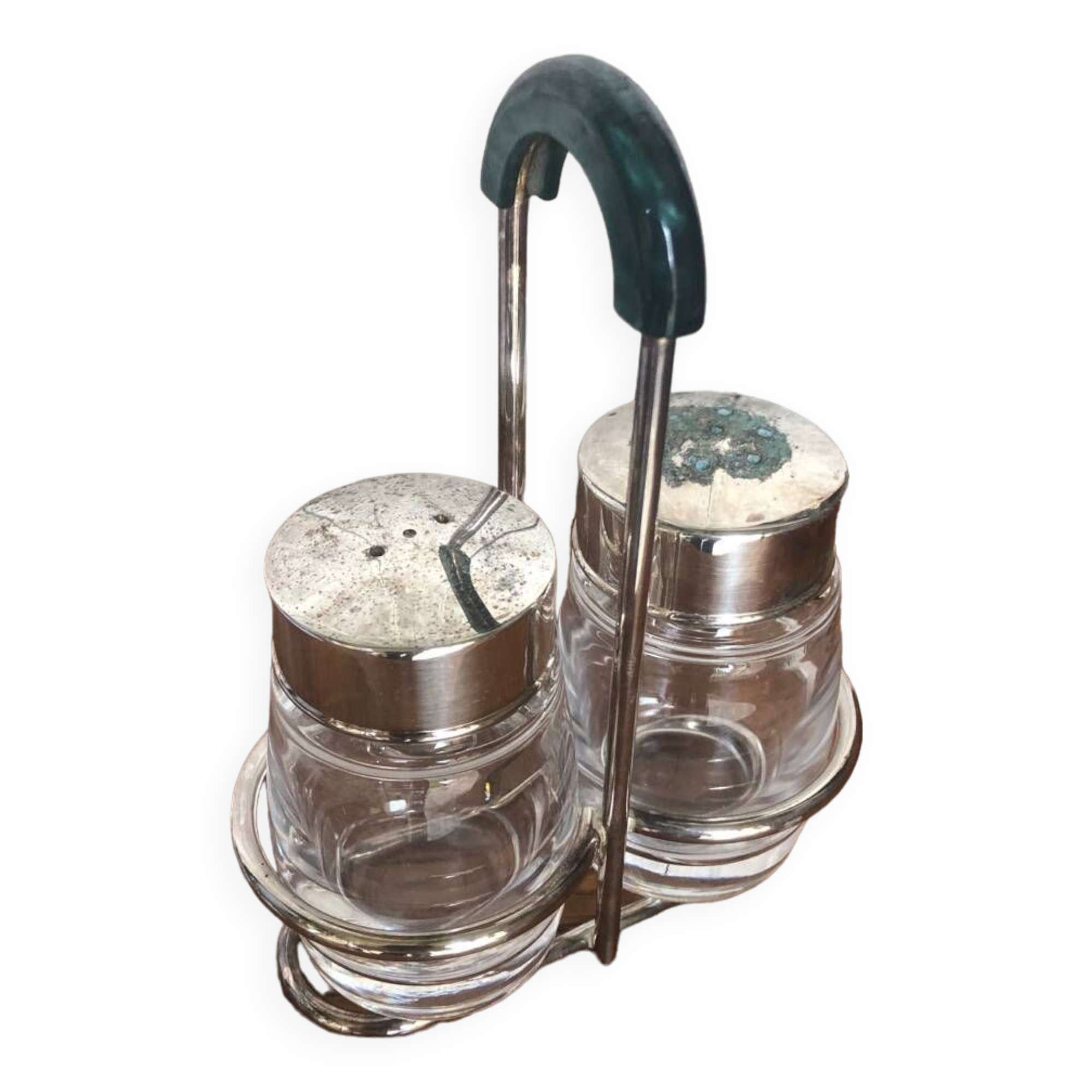 Old Service Salt Pepper Shaker Molded Glass + Vintage Silver Metal