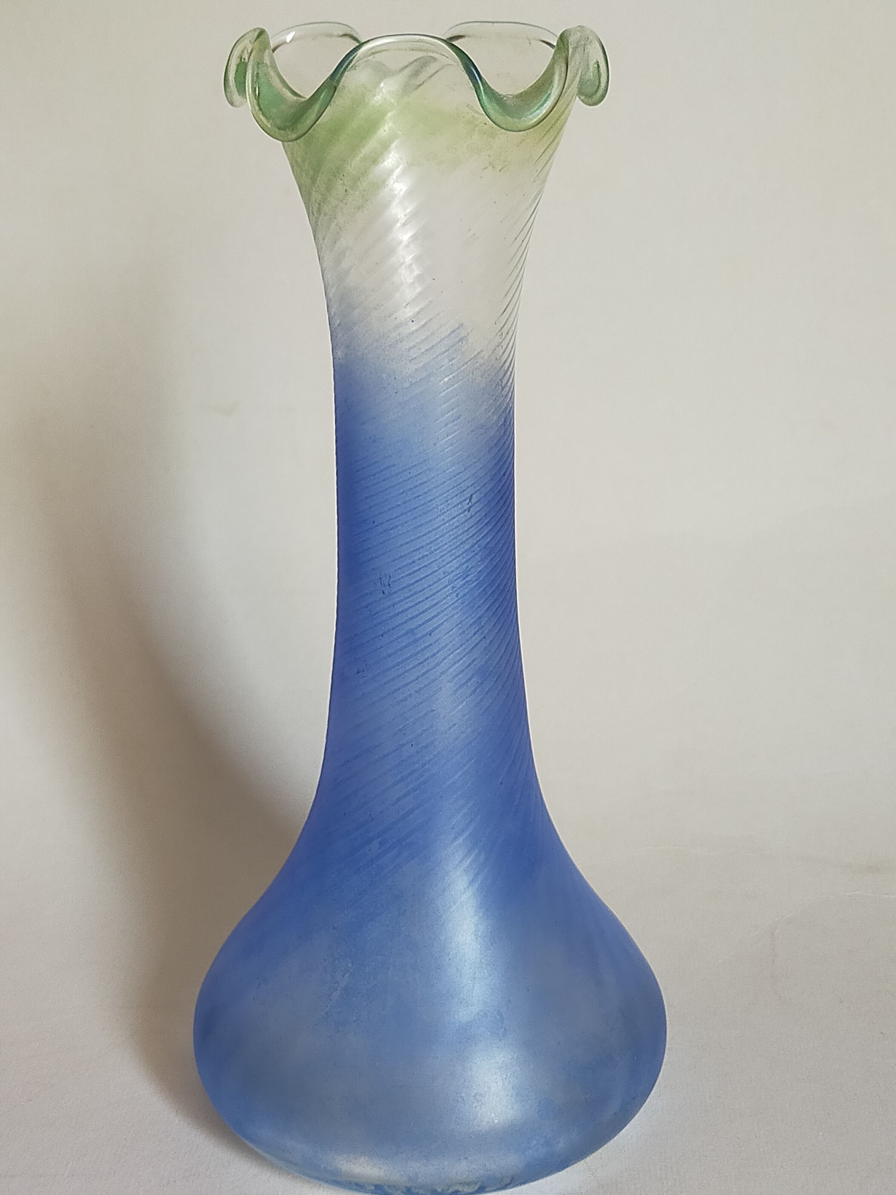 Blown glass vase frosted effect blue and vintage green