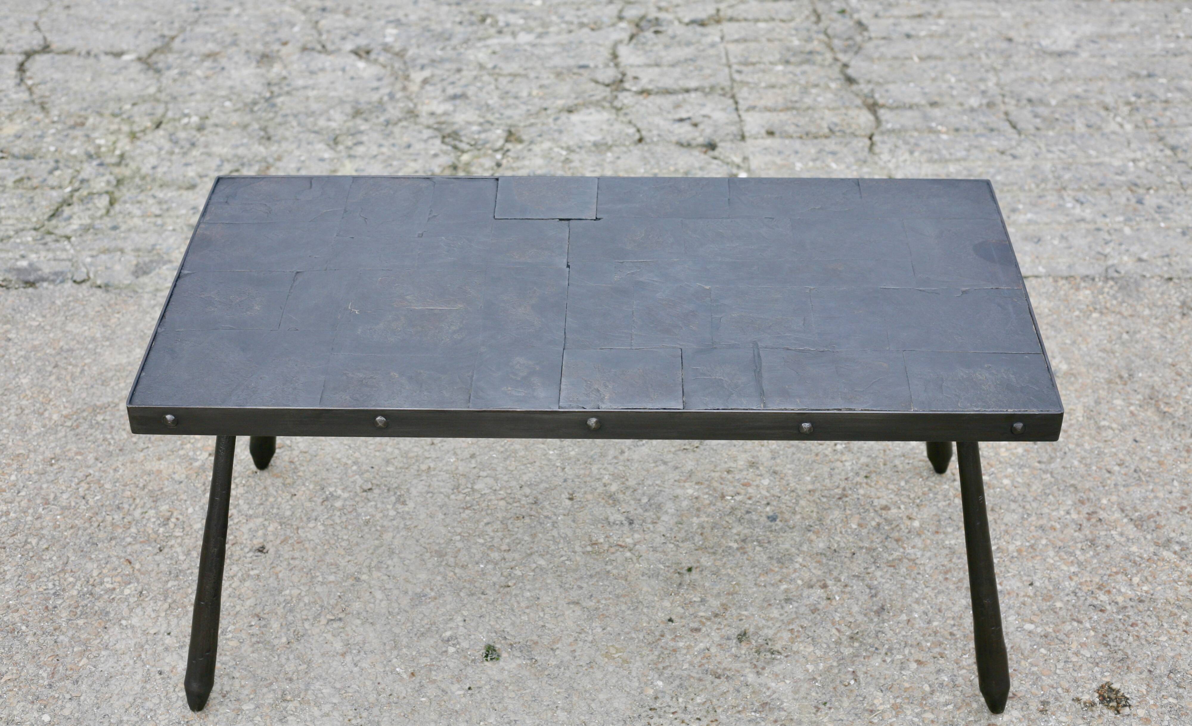 Brutalist coffee table, slate top and steel base, France, 1960s