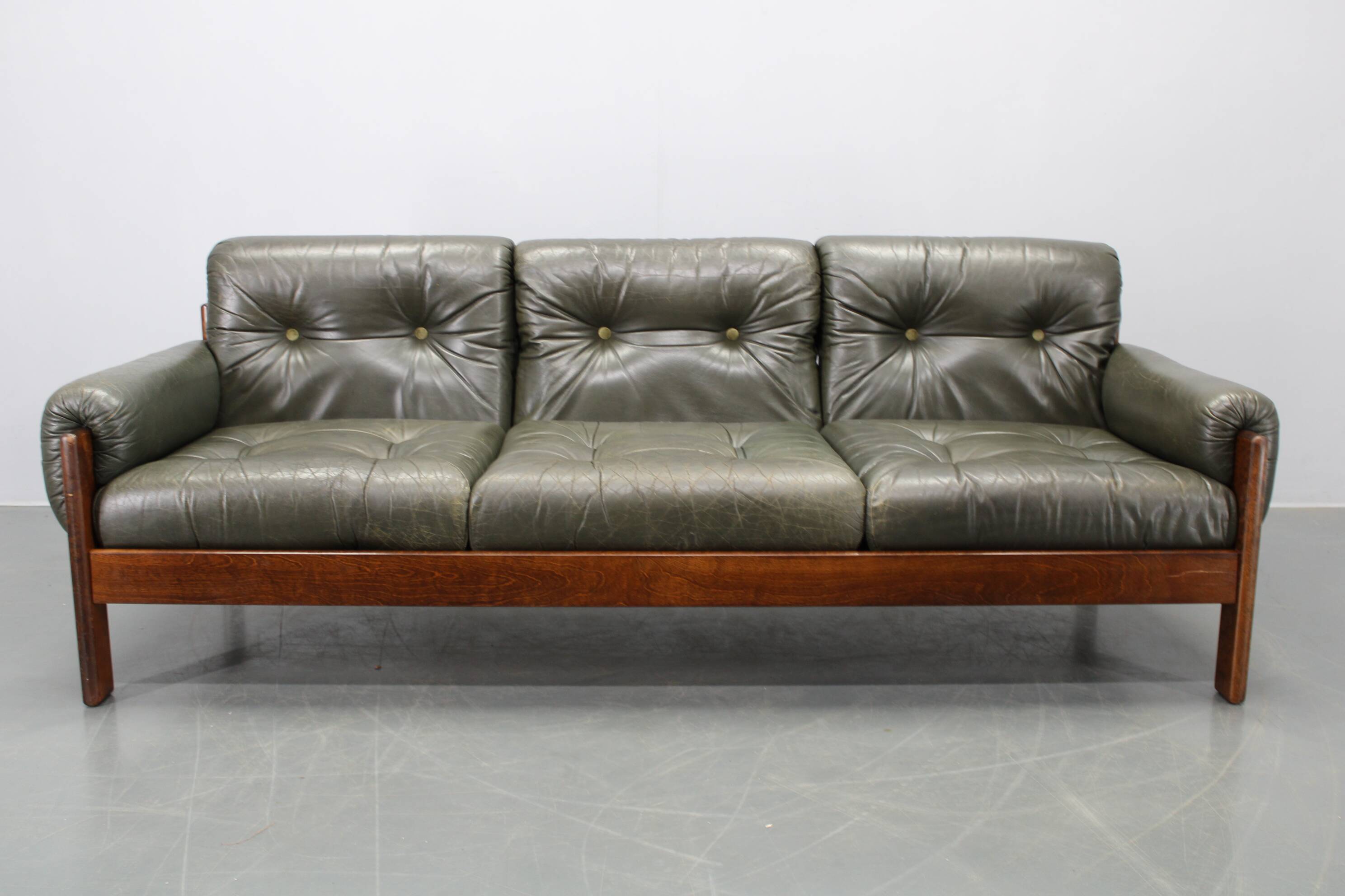 Mid-century Czechoslovak green leather sofa, 1970s