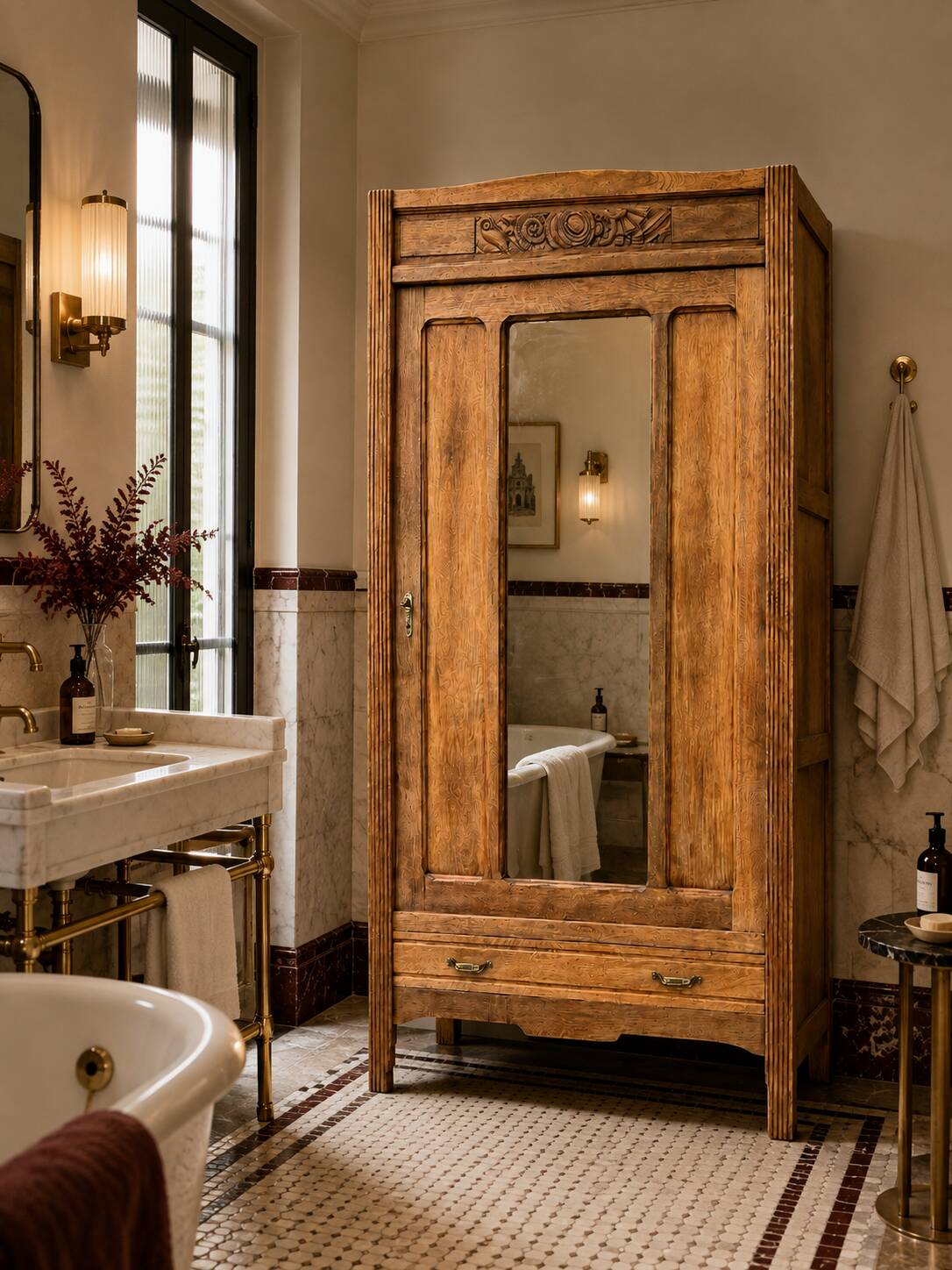 Art Deco bonnetière wardrobe from Paris in raw and solid oak.