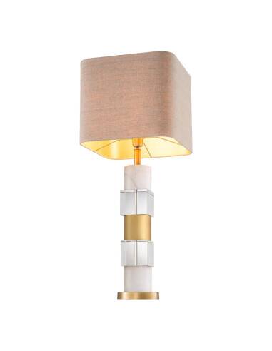 Pair of table lamps in patinated brass, white marble and crystal.
