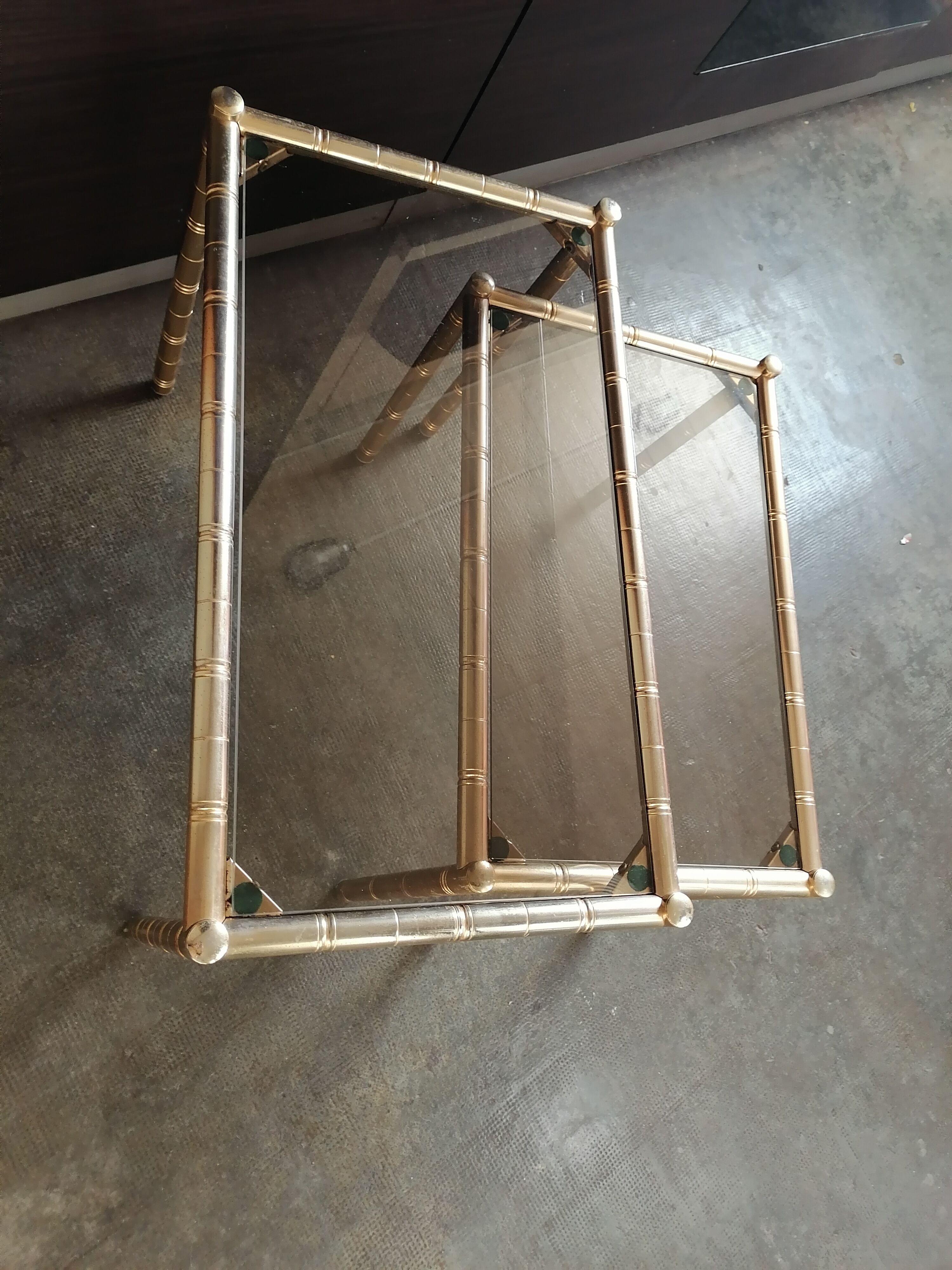 2 brass trundle tables bamboo style smoked glass 1960 1970