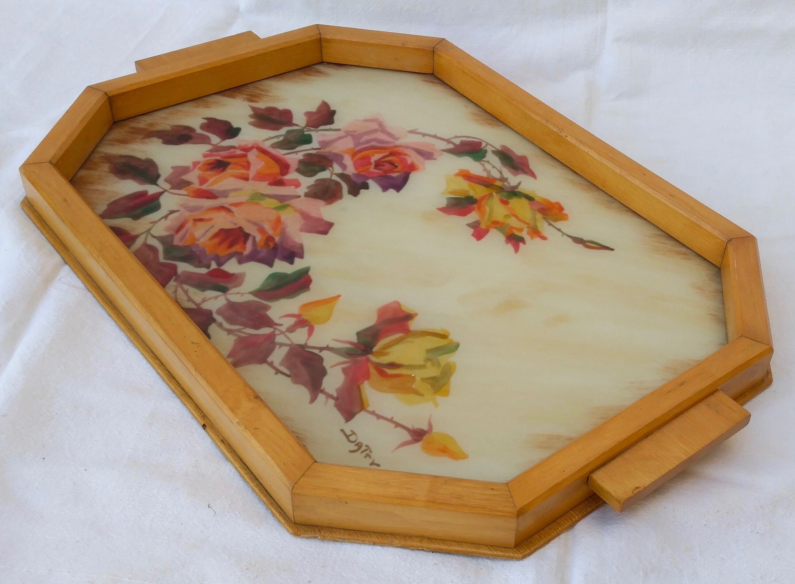 Large wooden tray and handmade glass paste decoration