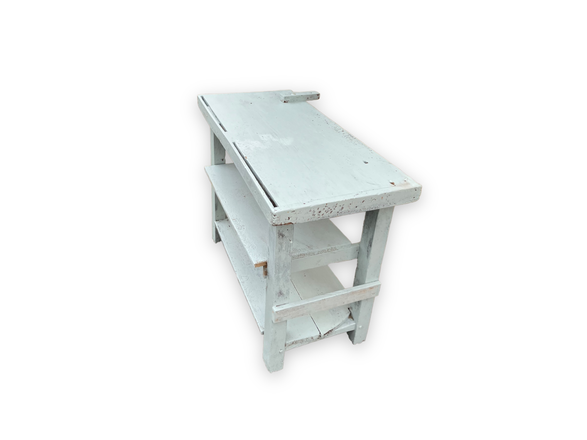 Light blue painted wooden workbench