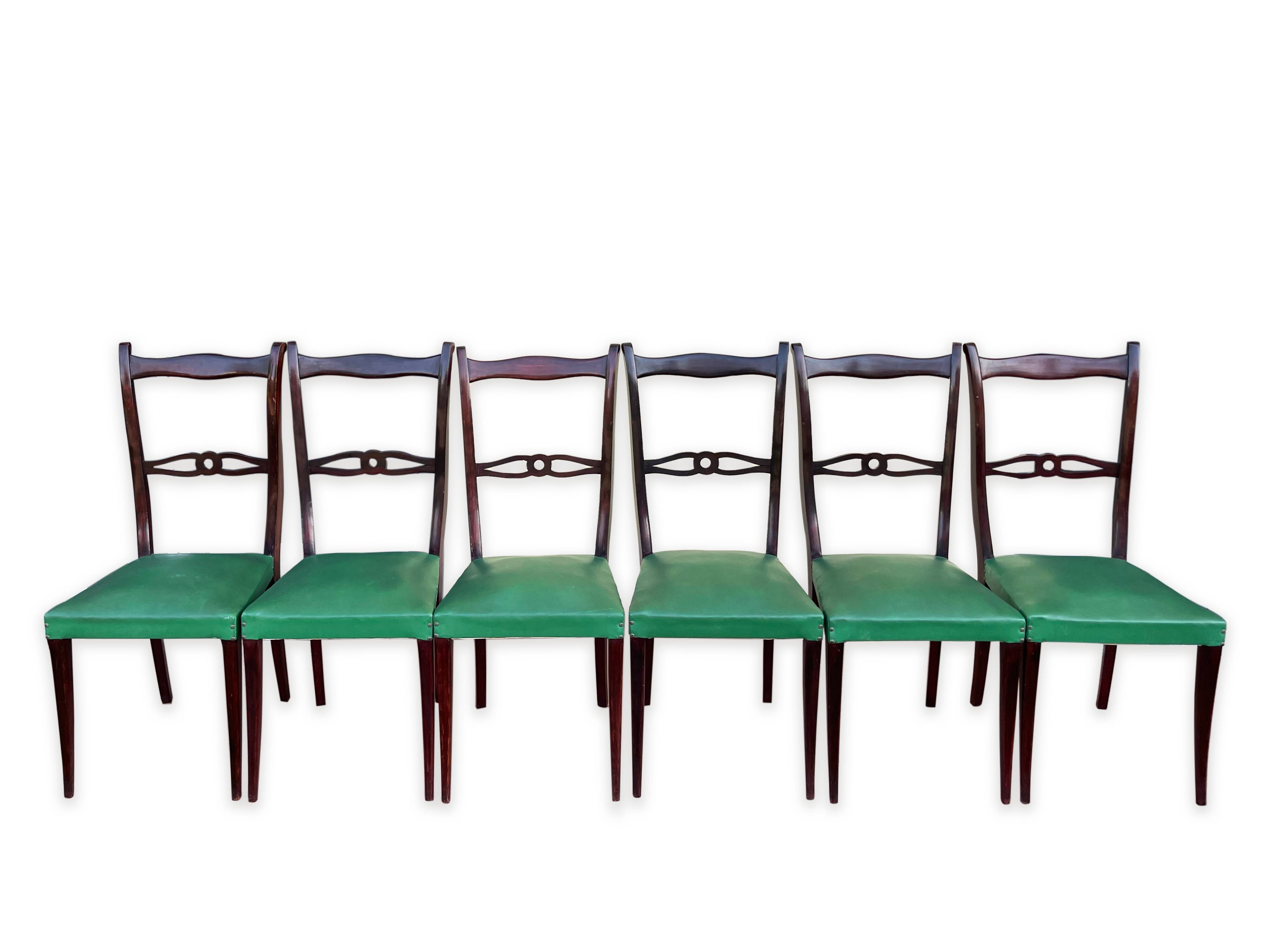 Ensemble italien de six chaises vintage noires et vertes 1960