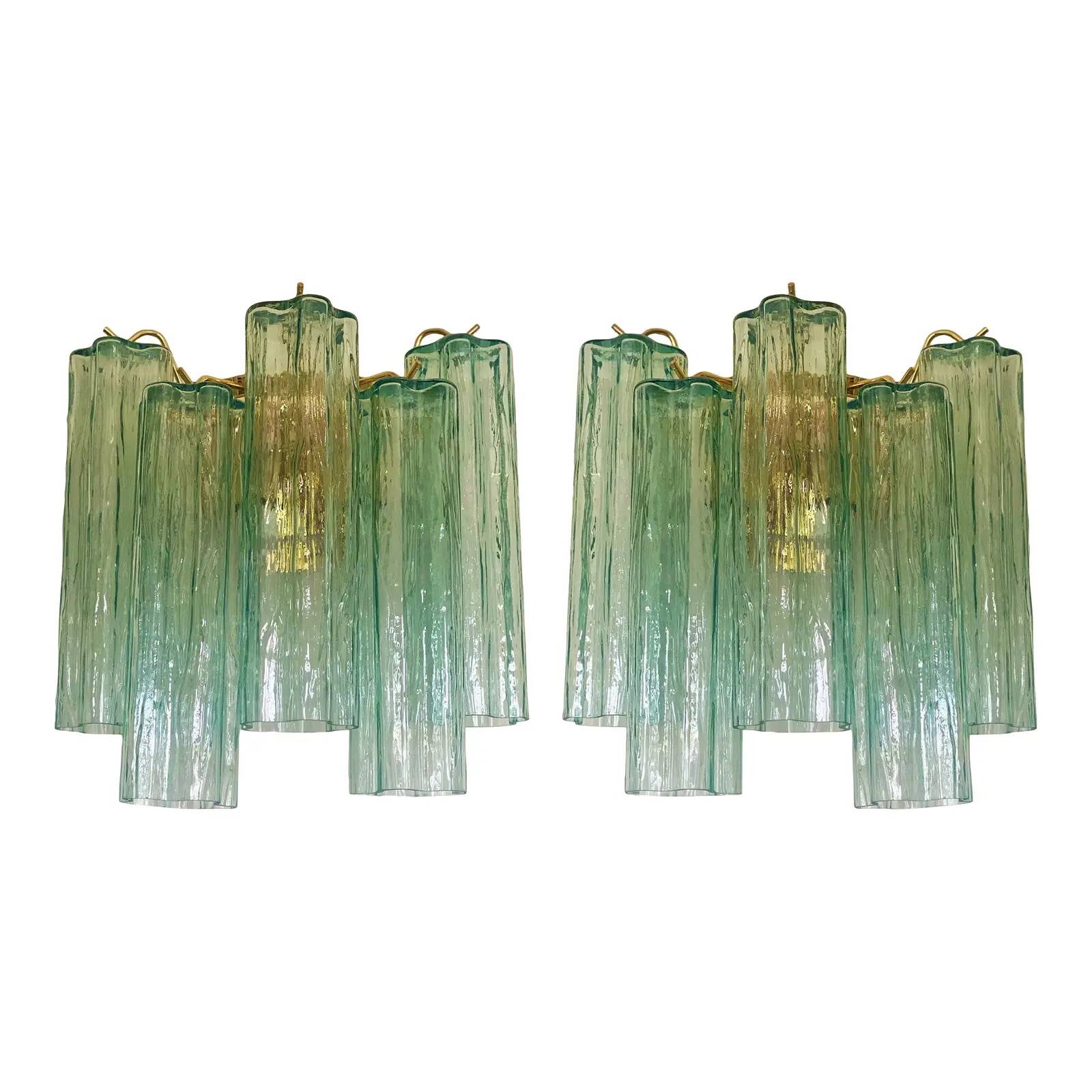 Pair of Contemporary Italian Murano Glass “Tronchi” Wall Sconces in Green