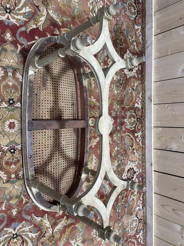 Banquette de piano Louis XVI en cannage et bois rechampi