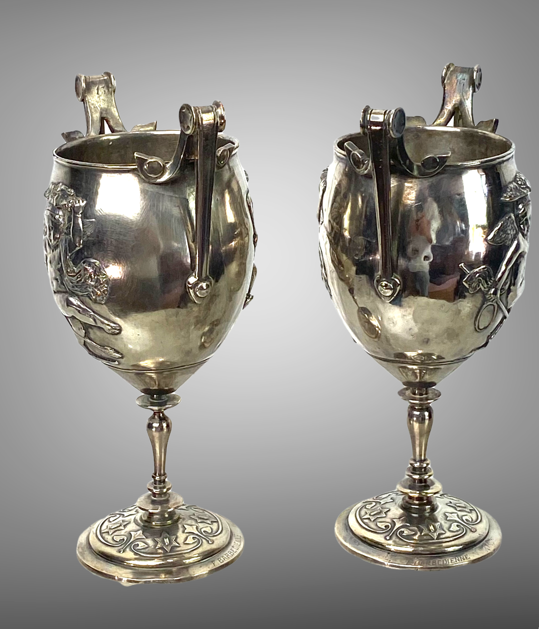 Ferdinand barbedienne 1810/ 1892 pair of silver bronze cups from the 19th to set de putti