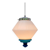 Scandinavian Art Deco milk glass pendant light with azure blue details, 1930s