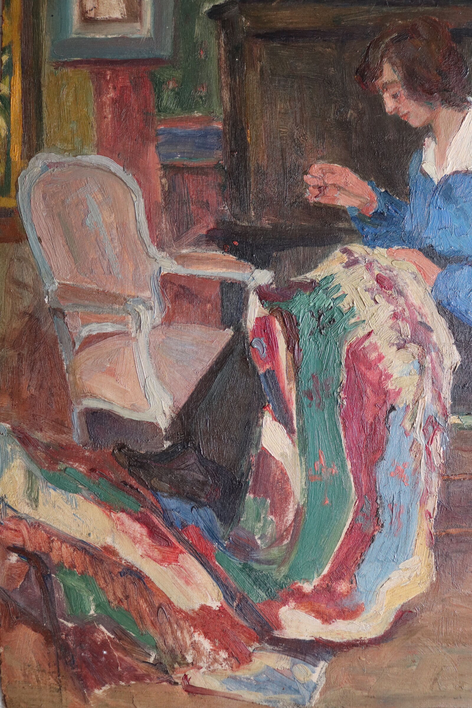 Oil on panel woman weaver