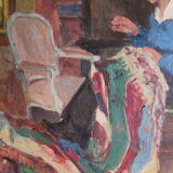 Oil on panel woman weaver