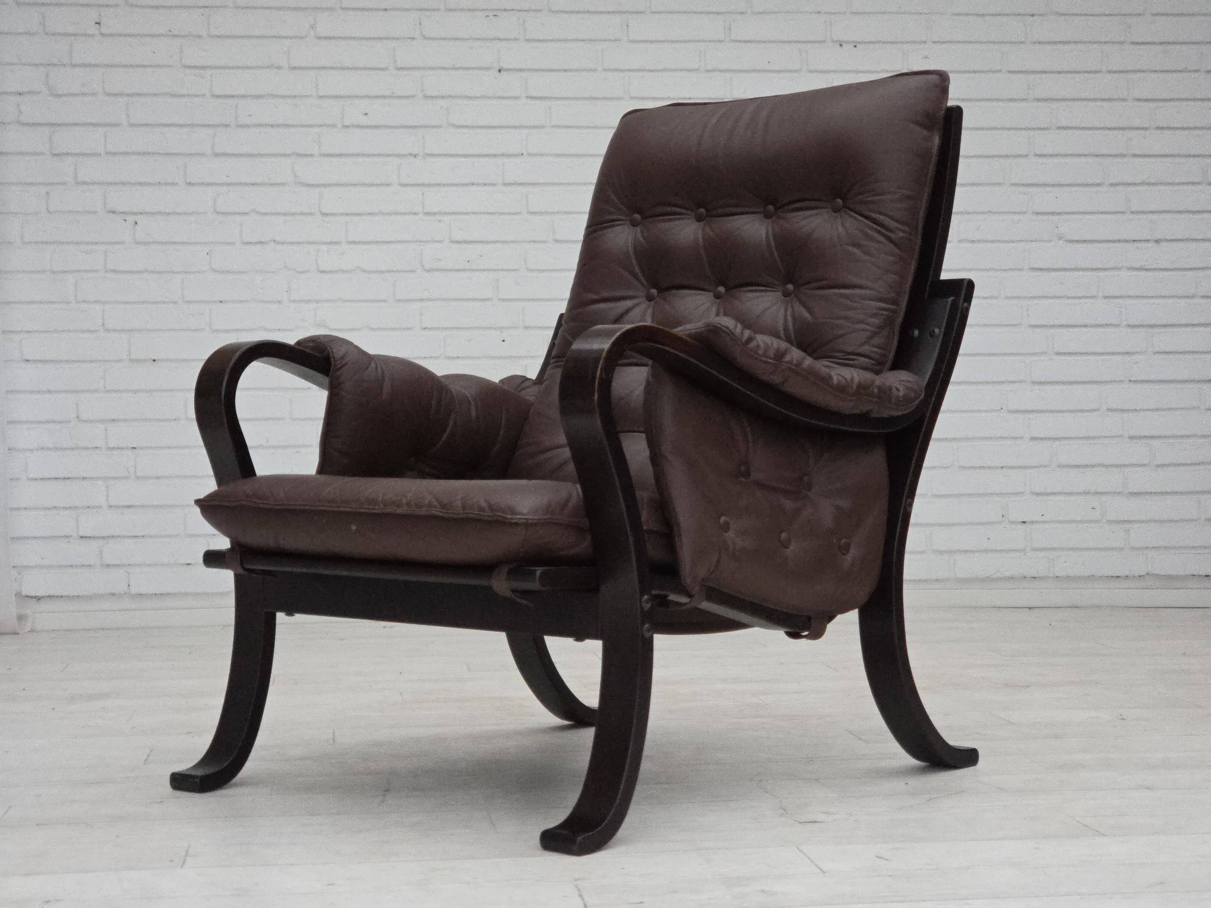1970s, Scandinavian vintage design, armchair, brown leather, bent wood.