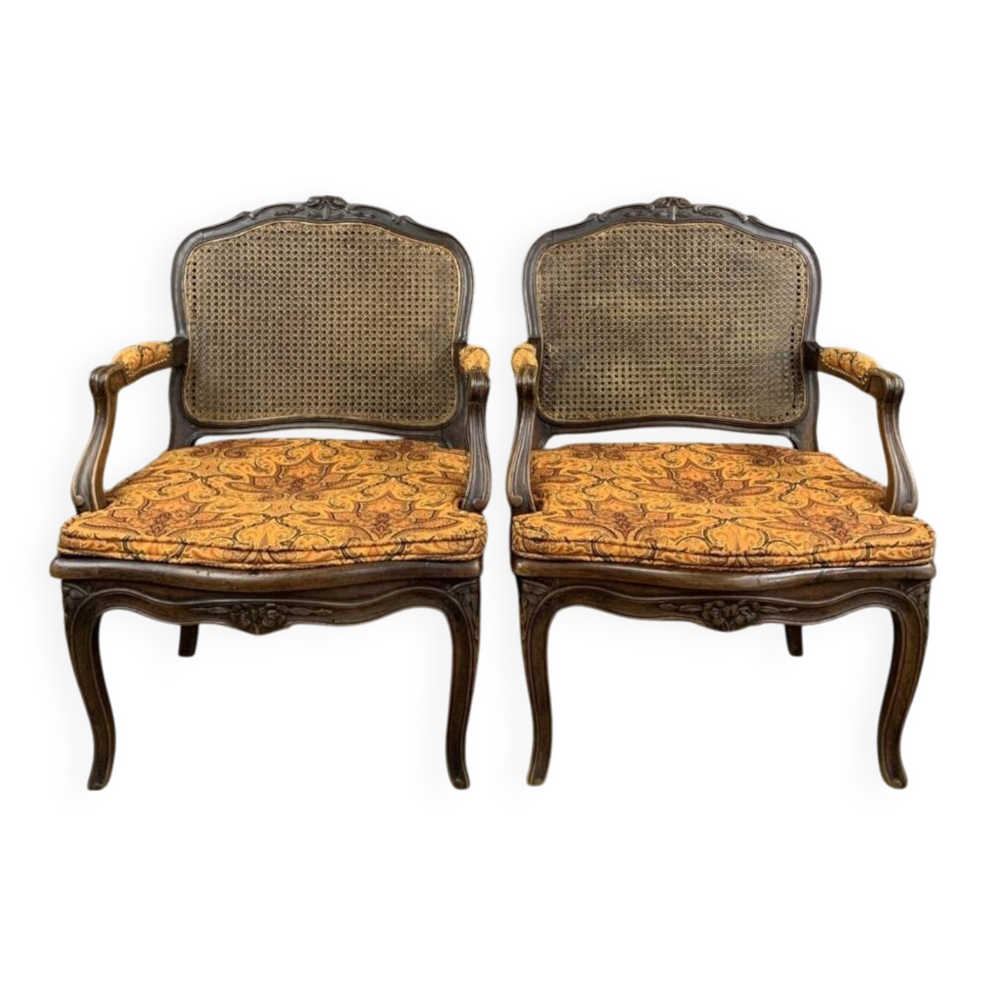 Pair of Louis XV Carved Wood Fluted Armchairs, Late 19th Century