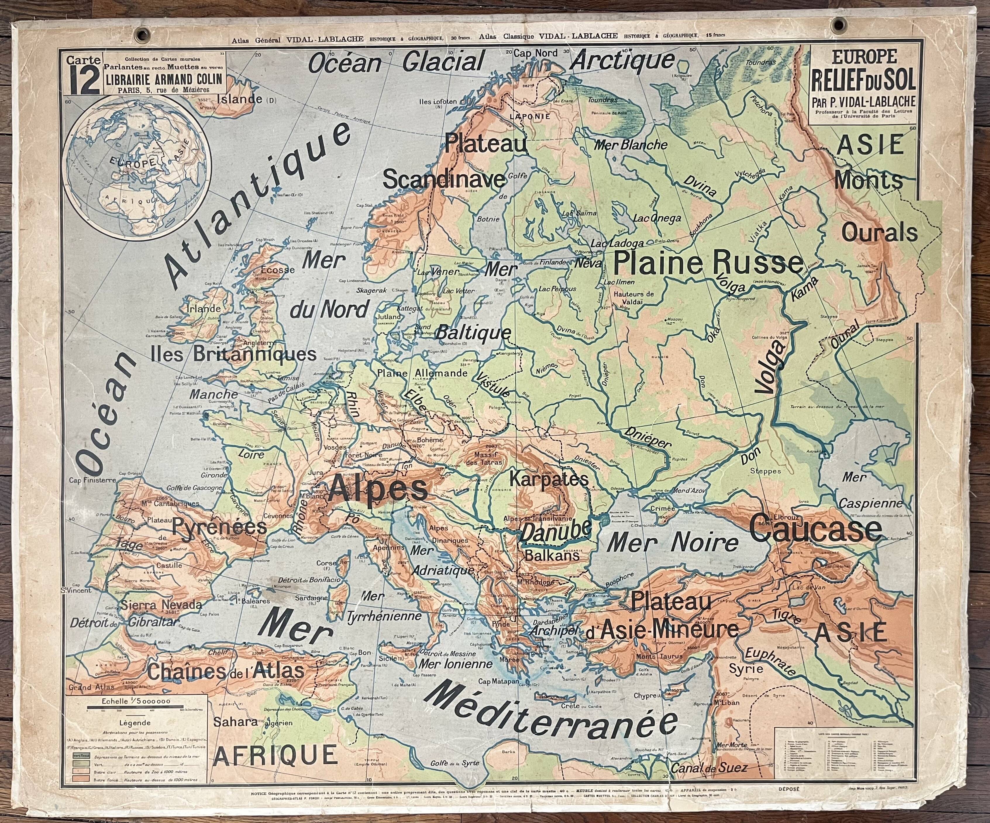 Old school map Vidal-Lablache Mézières 12, T33, 1910 Europe relief
