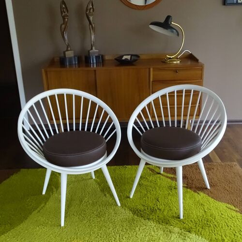 Paire de fauteuils chaises design scandinaves années 60, bois cuir