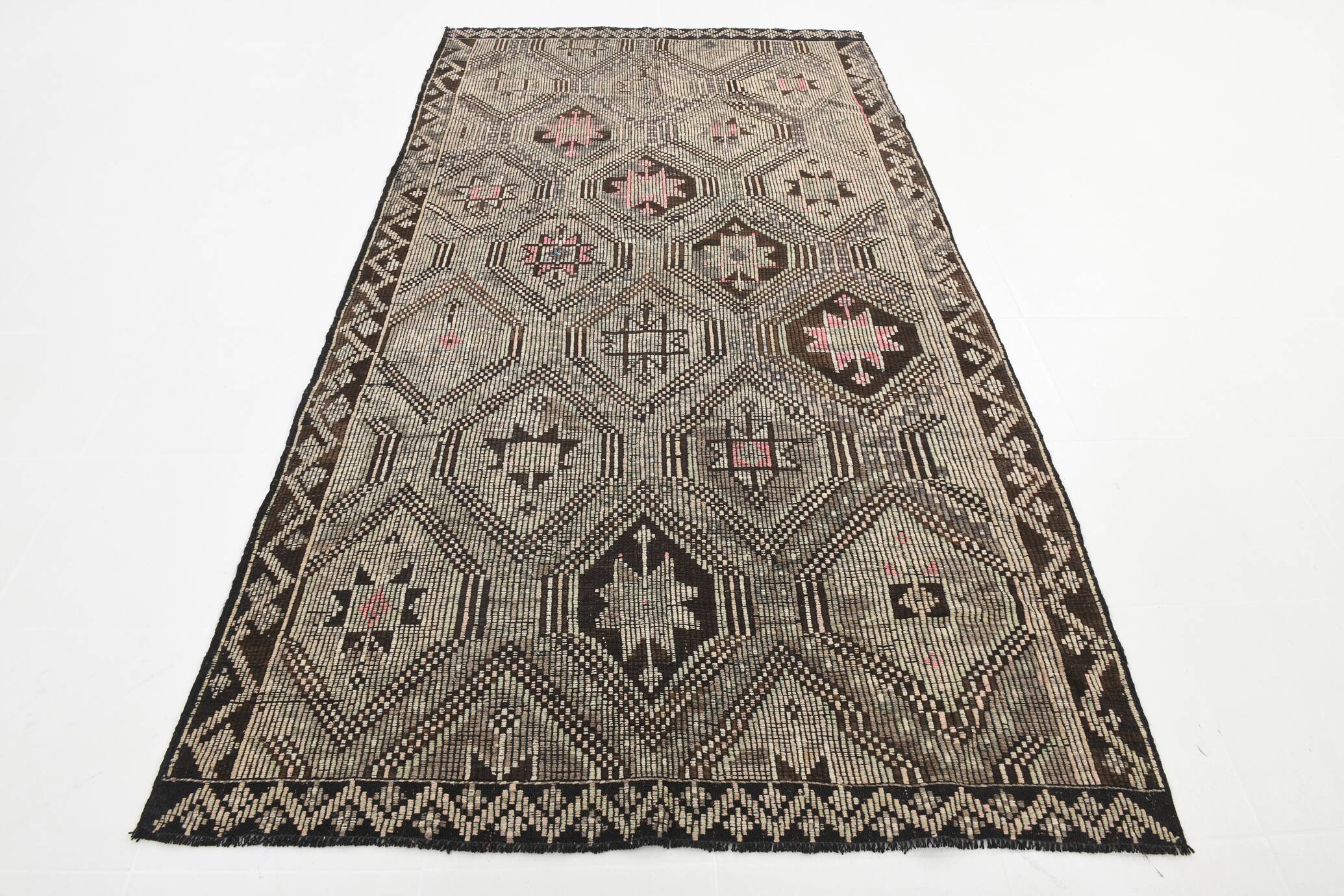 5x9 Cream Brown Handmade Kilim Rug, 151x286Cm