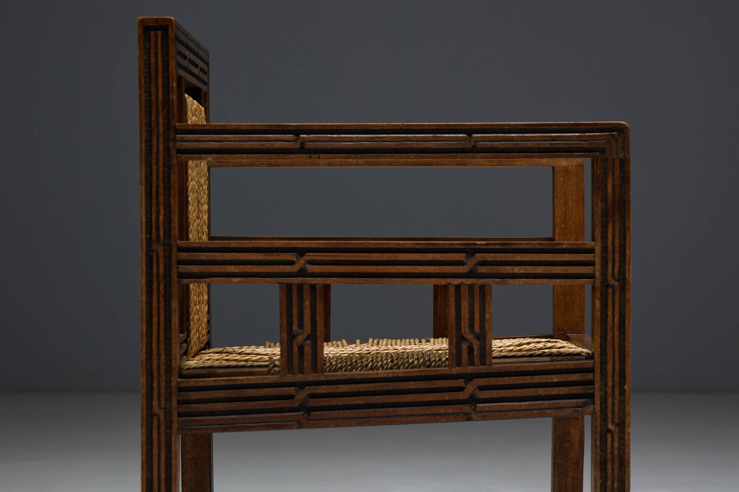 Art Deco Wooden Armchair with Rush Seat, France, 1920s