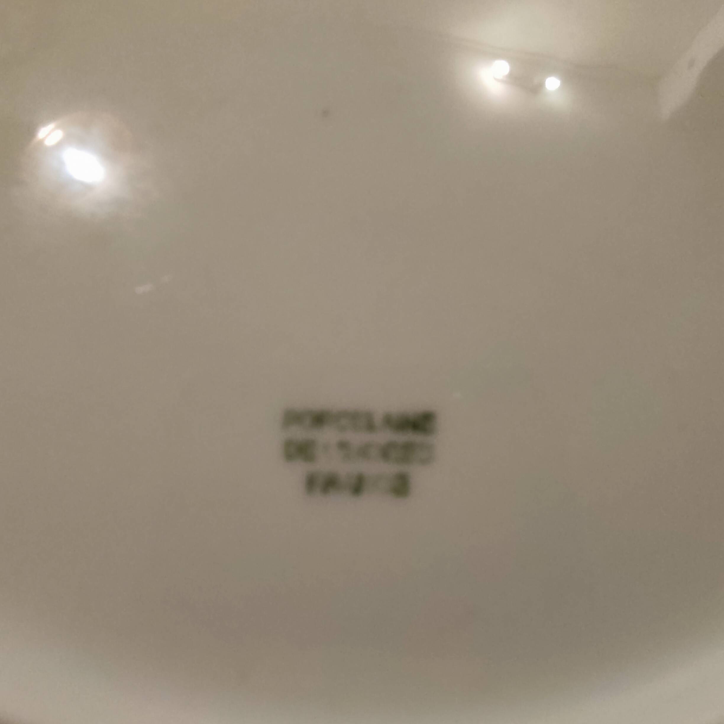 Limoges porcelain plate with a blue speckled rim.