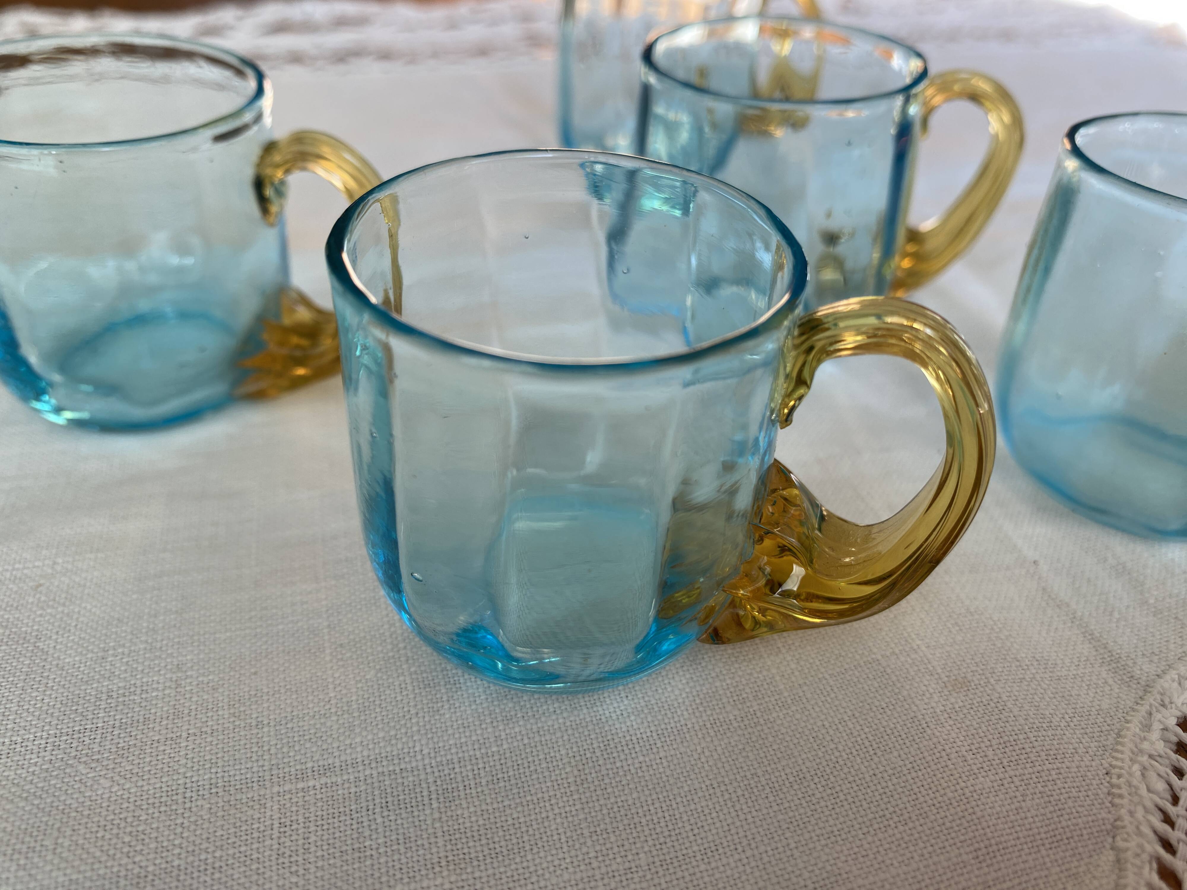 Antique Georges Sand blue and amber liqueur set - 12 glasses and tray