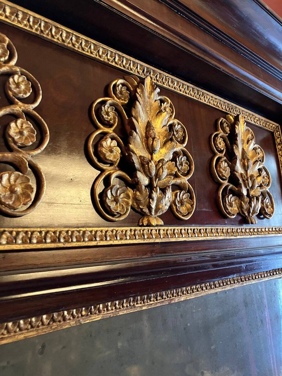 Italian Empire Mahogany and Parcel Gilt Console with Mirror and Carrara Marble Top, Late 18th Century