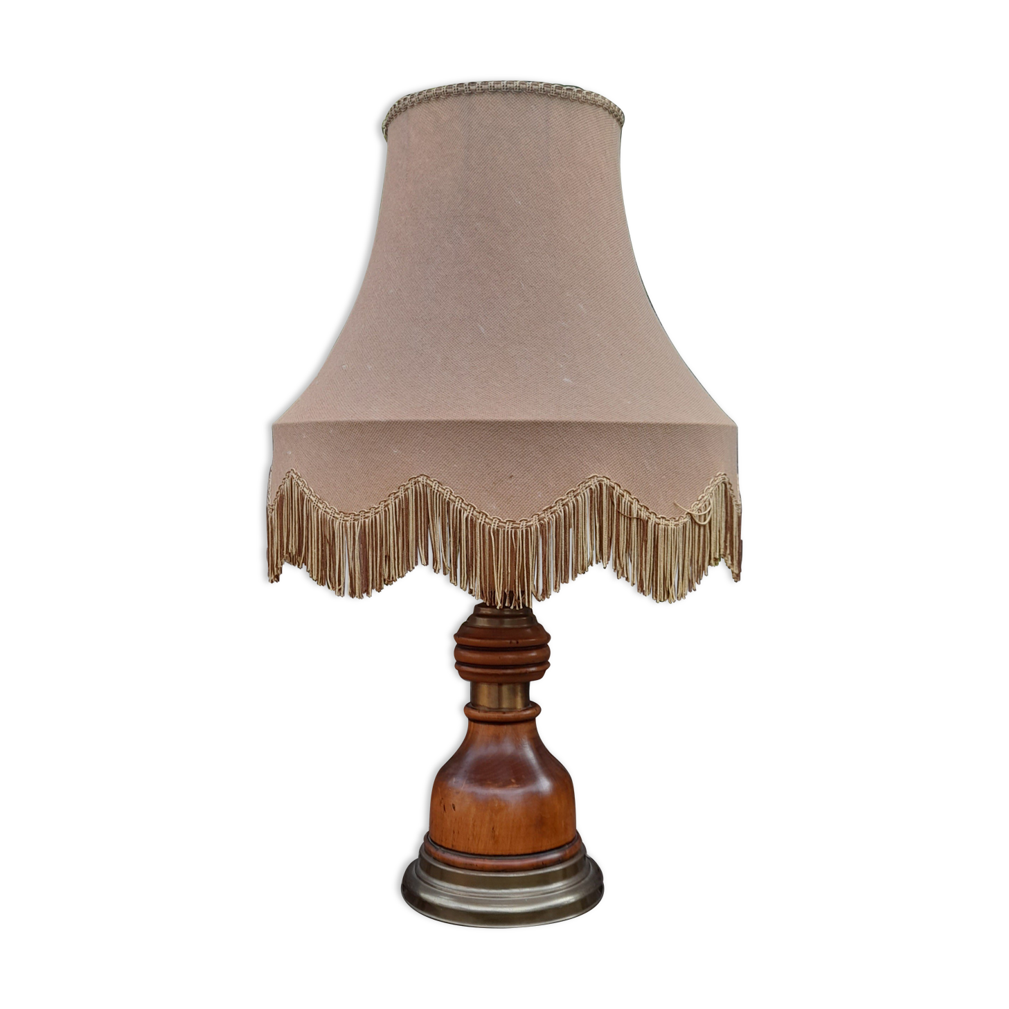 Large rustic table lamp foot wood & brass, lampshade pagoda beige fabric, years 50/60
