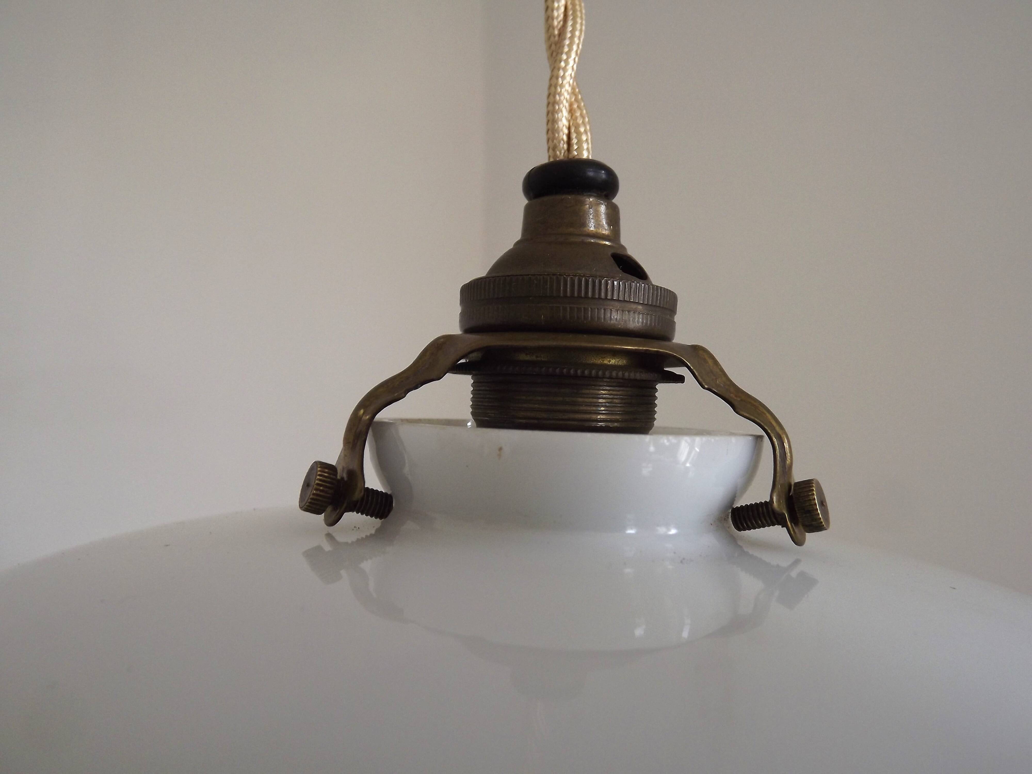 Vintage French Art Deco Opaline Glass Pendant Light Clear Frilled Edge