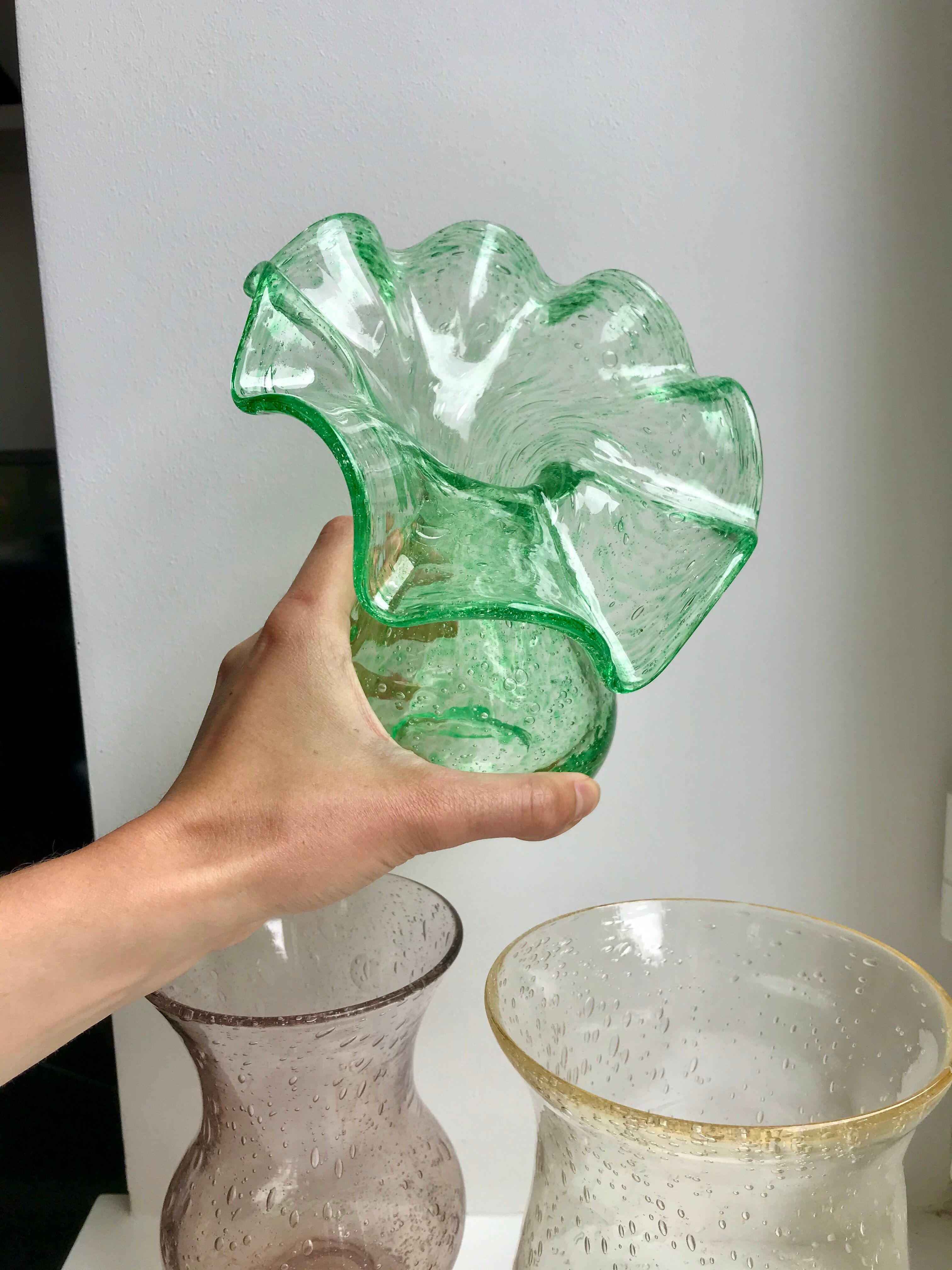 Biot bubbled glass corolla vase signed Riom vert years 60-70