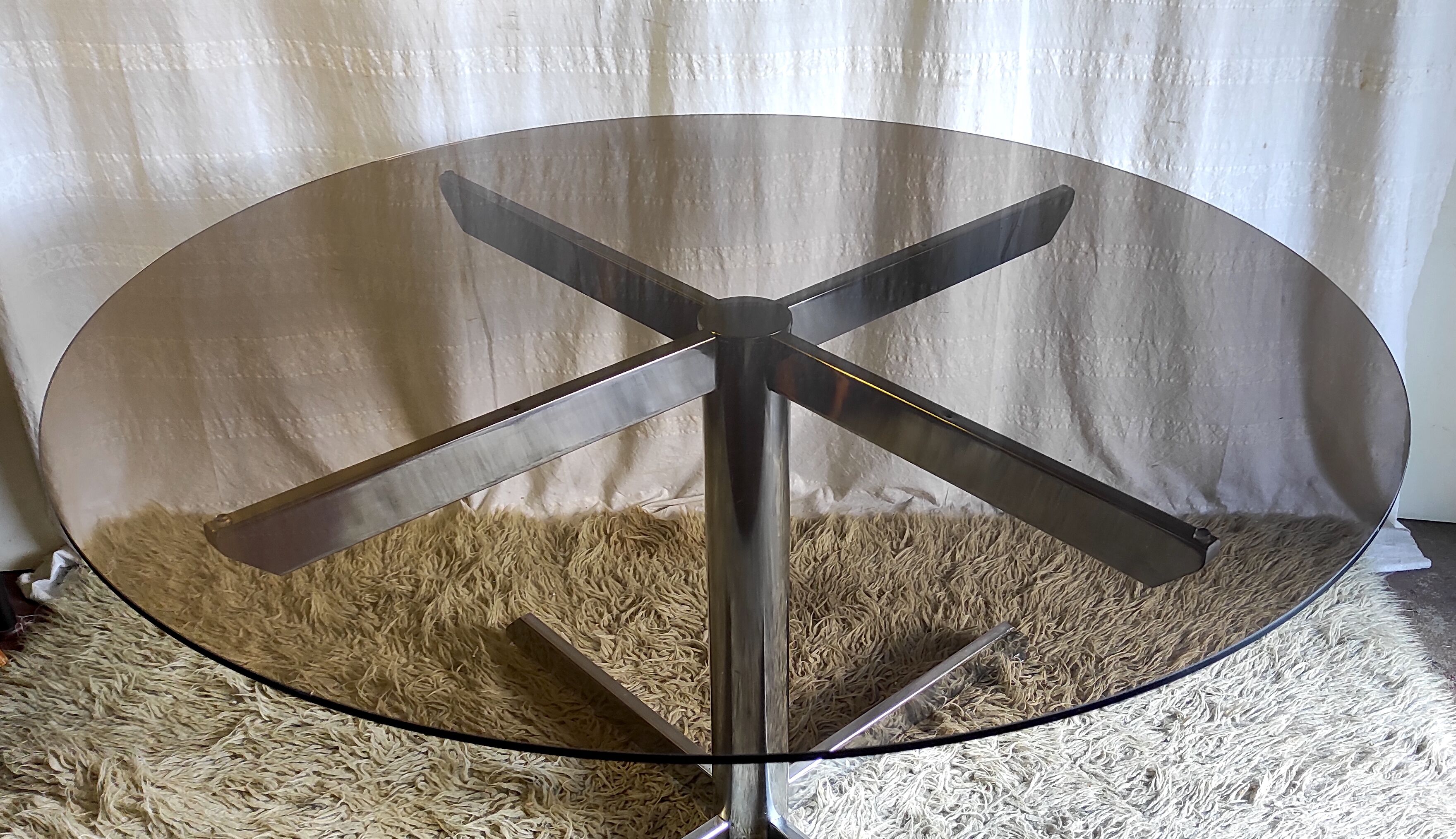 Roche Bobois dining table design chromed metal and smoked glass – 70s