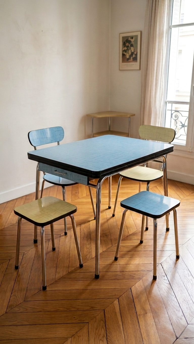 Vintage set from the 60s/70s: table, chairs, and marbled Formica stools.