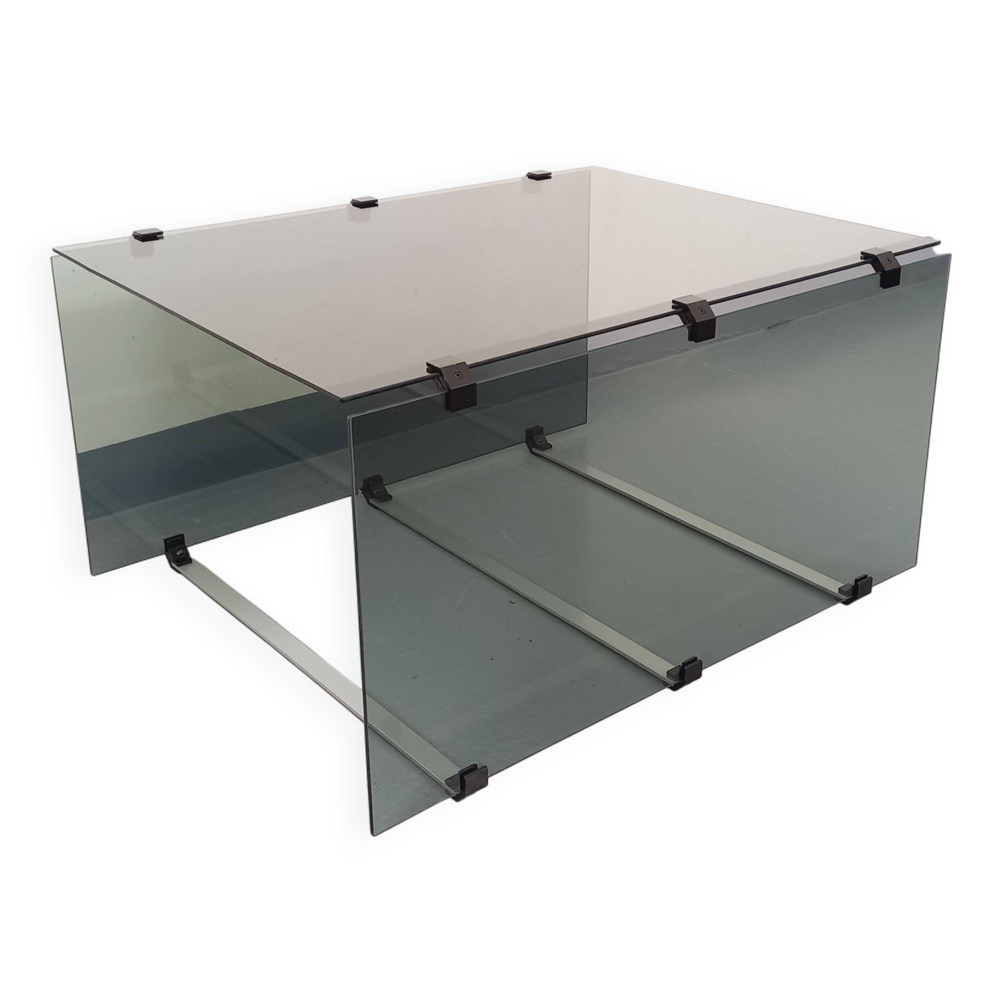 Vintage coffee table in smoked glass, black metal and cast aluminum