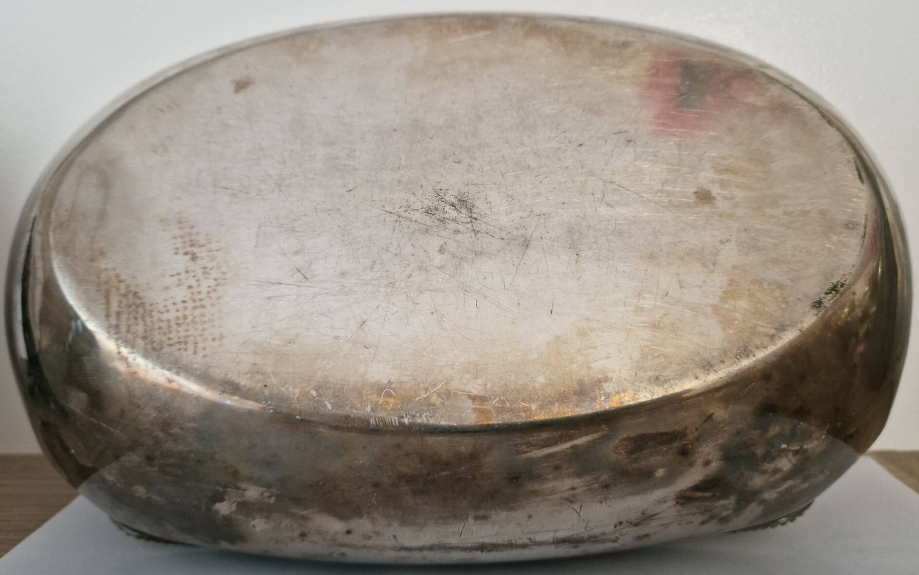 I037 Large shallow antique silver-plated dish in the Louis XVI style with bead decoration.