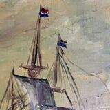 French oil painting on wood dutch 17th / early 18th century sailing ships in the sea storm