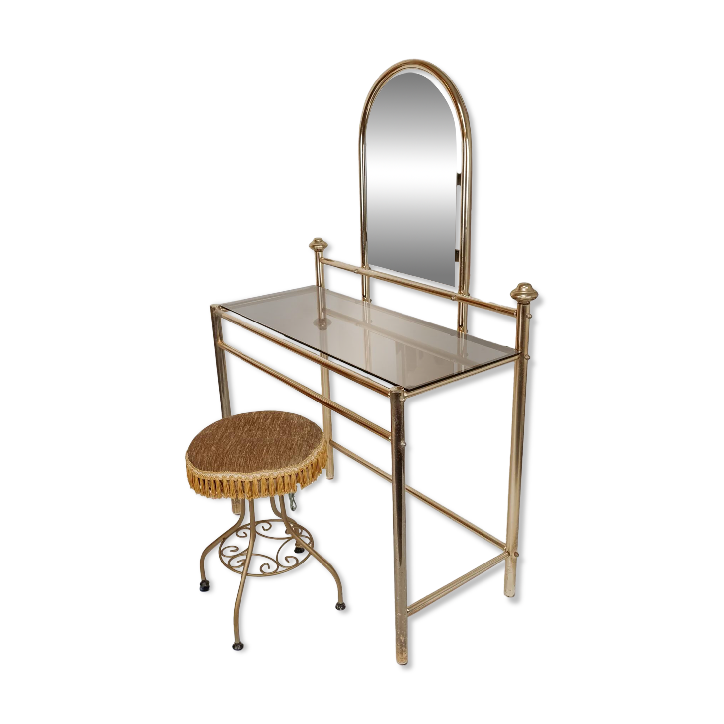 Coiffeuse vanity vintage en laiton avec tabouret