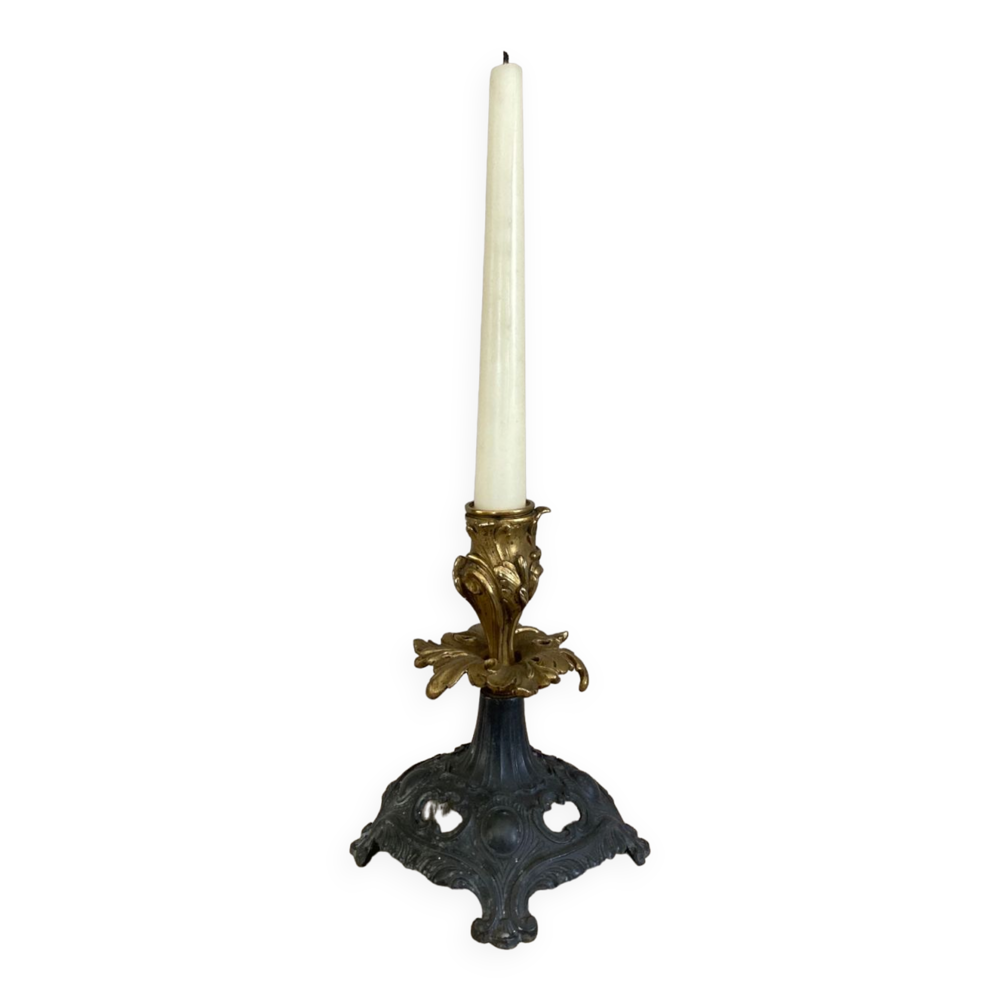 Louis XV candlestick in solid bronze openwork pewter base early twentieth century