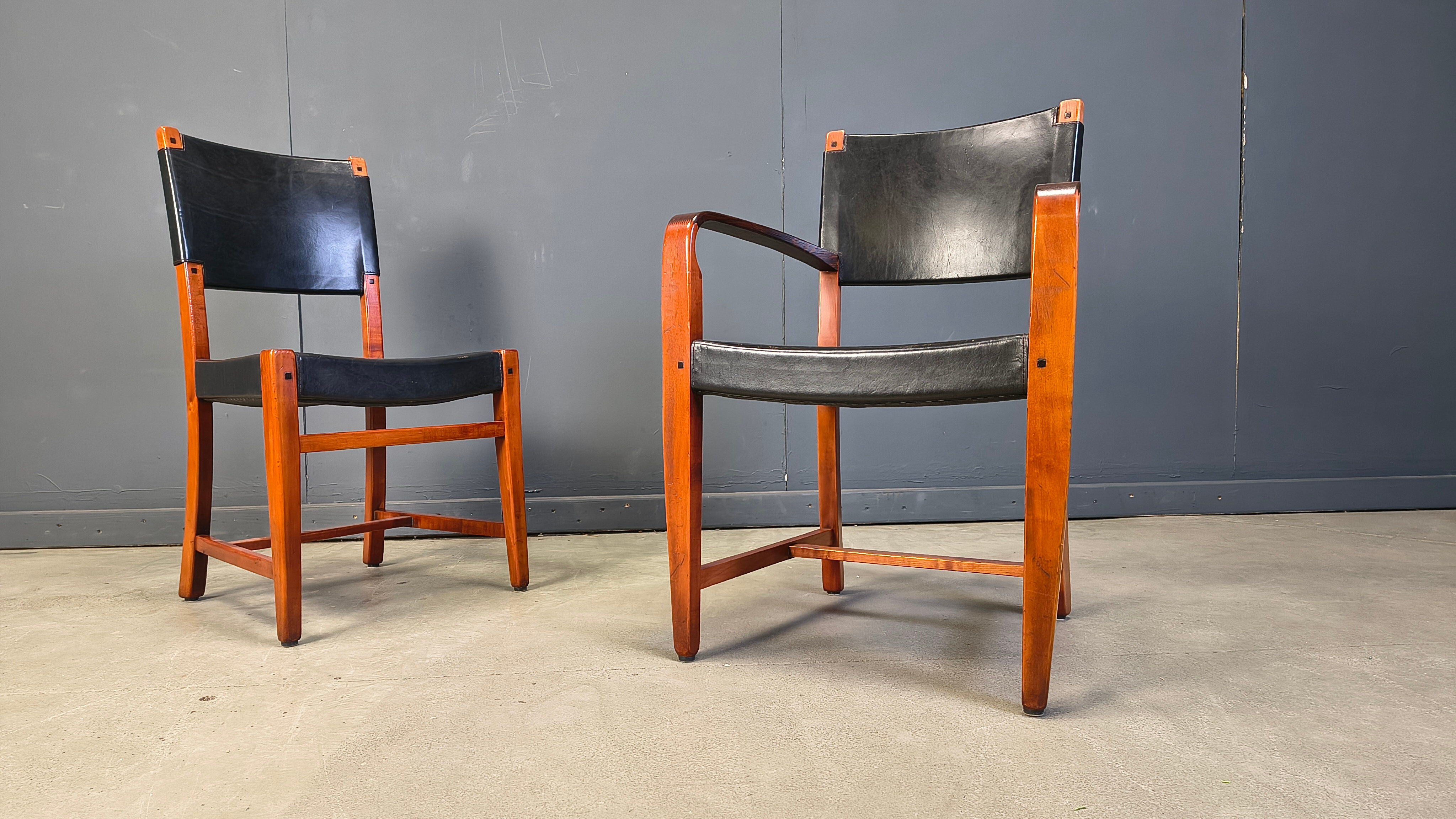 Vintage Spanish leather and wood dining chairs, set of 6 - 1970s