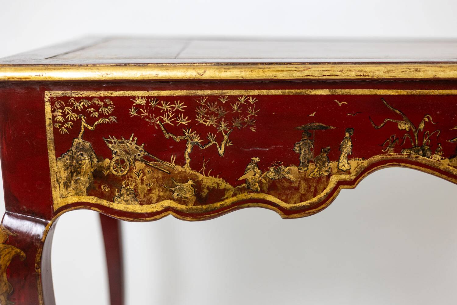 Louis XV style bureau plat with lake scene decoration. Circa 1800.