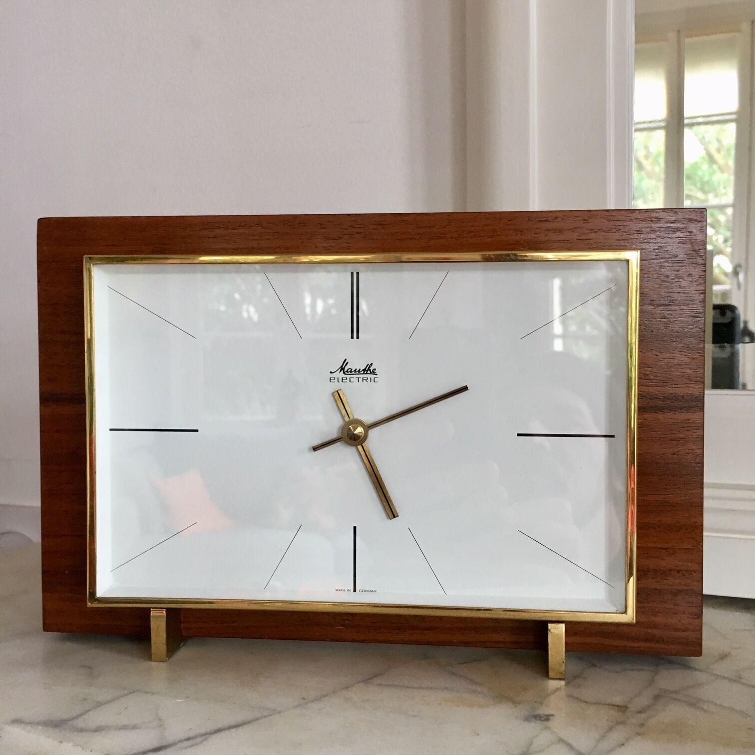 Modernist West German Glass and Brass Wood Clock 1960