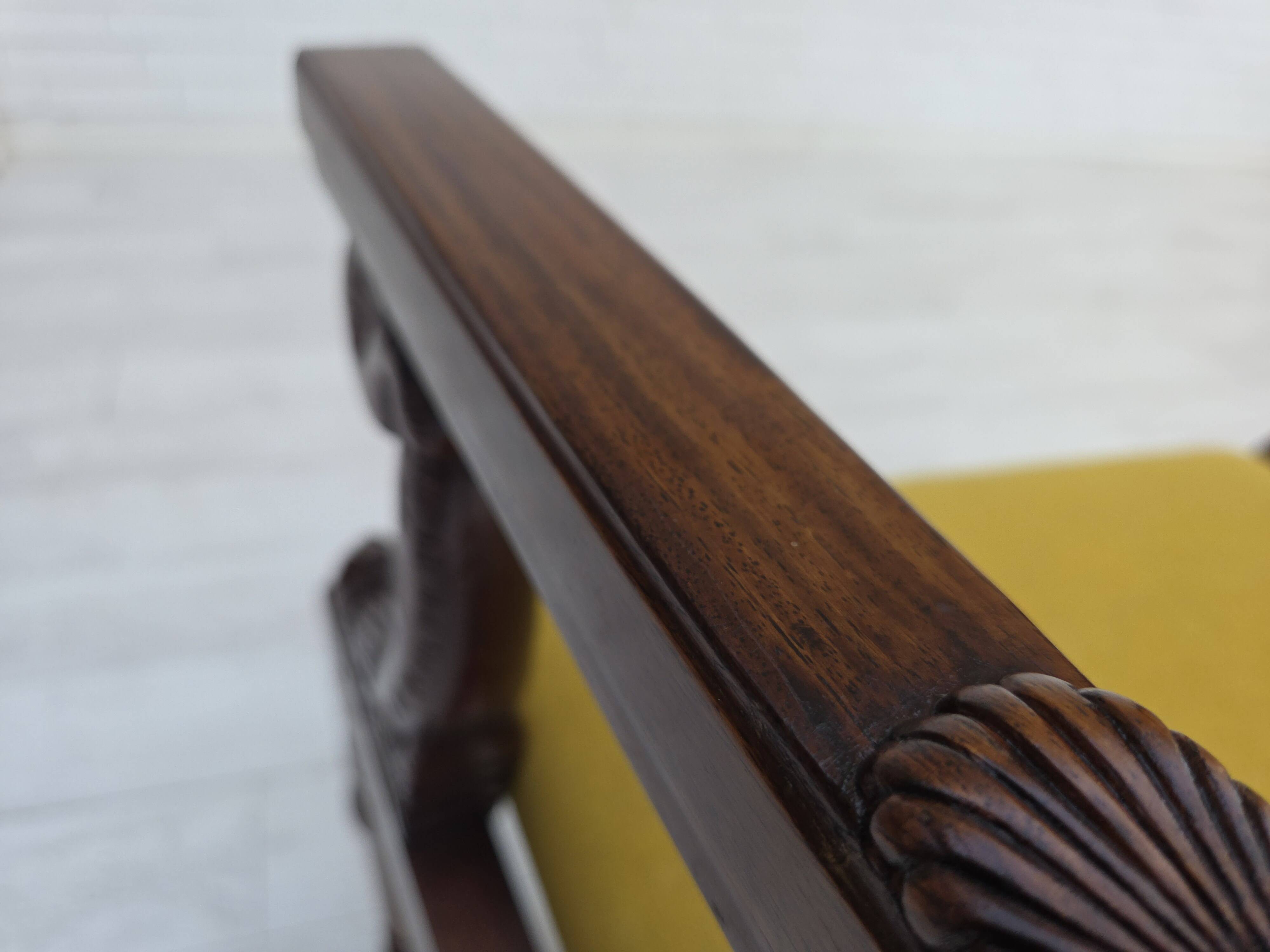 1920-30s, carved wood armchair, design after Georges Jacob, reupholstered.