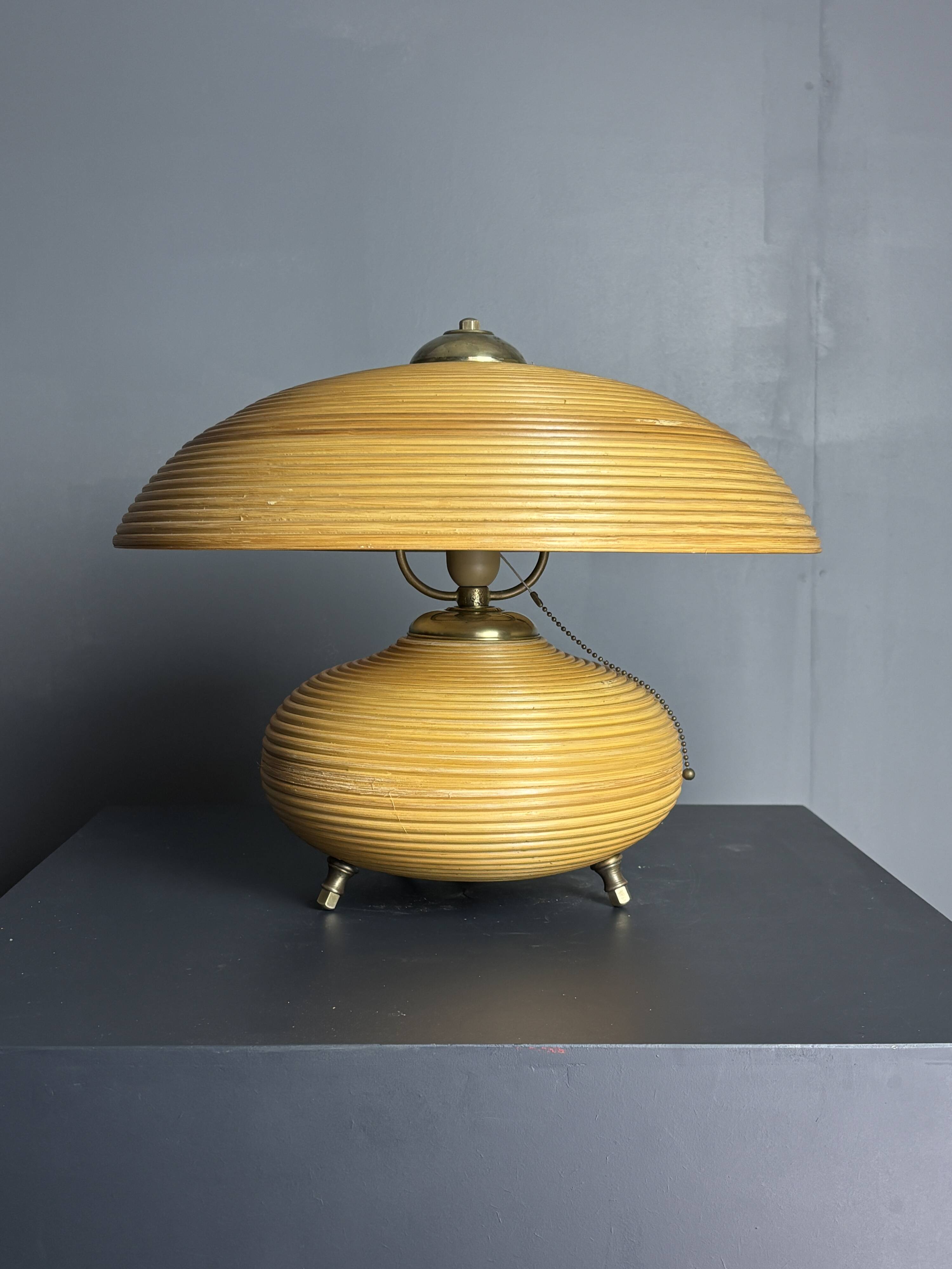 Pencil Reed Rattan Bamboo and Brass Mushroom Table Lamp, Italy, 1970s