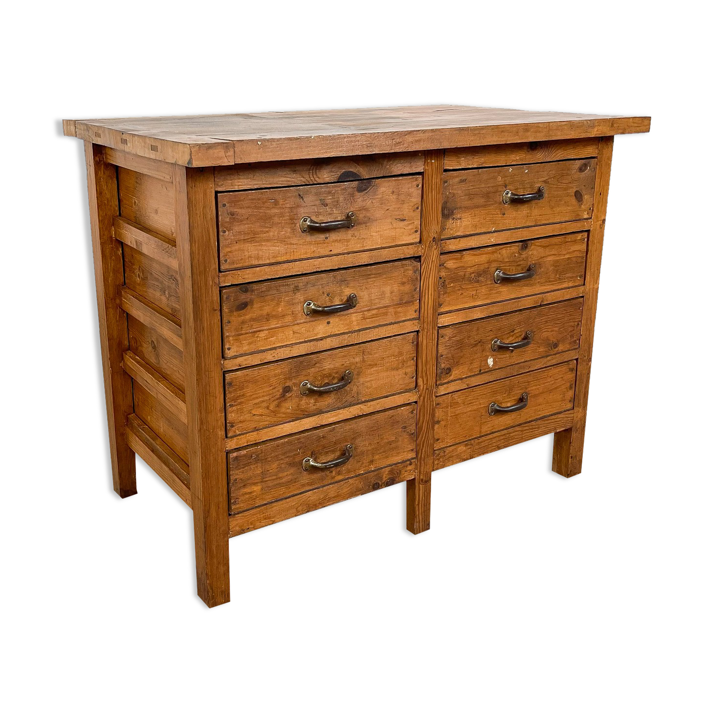 Vintage industrial wooden workbench with drawers