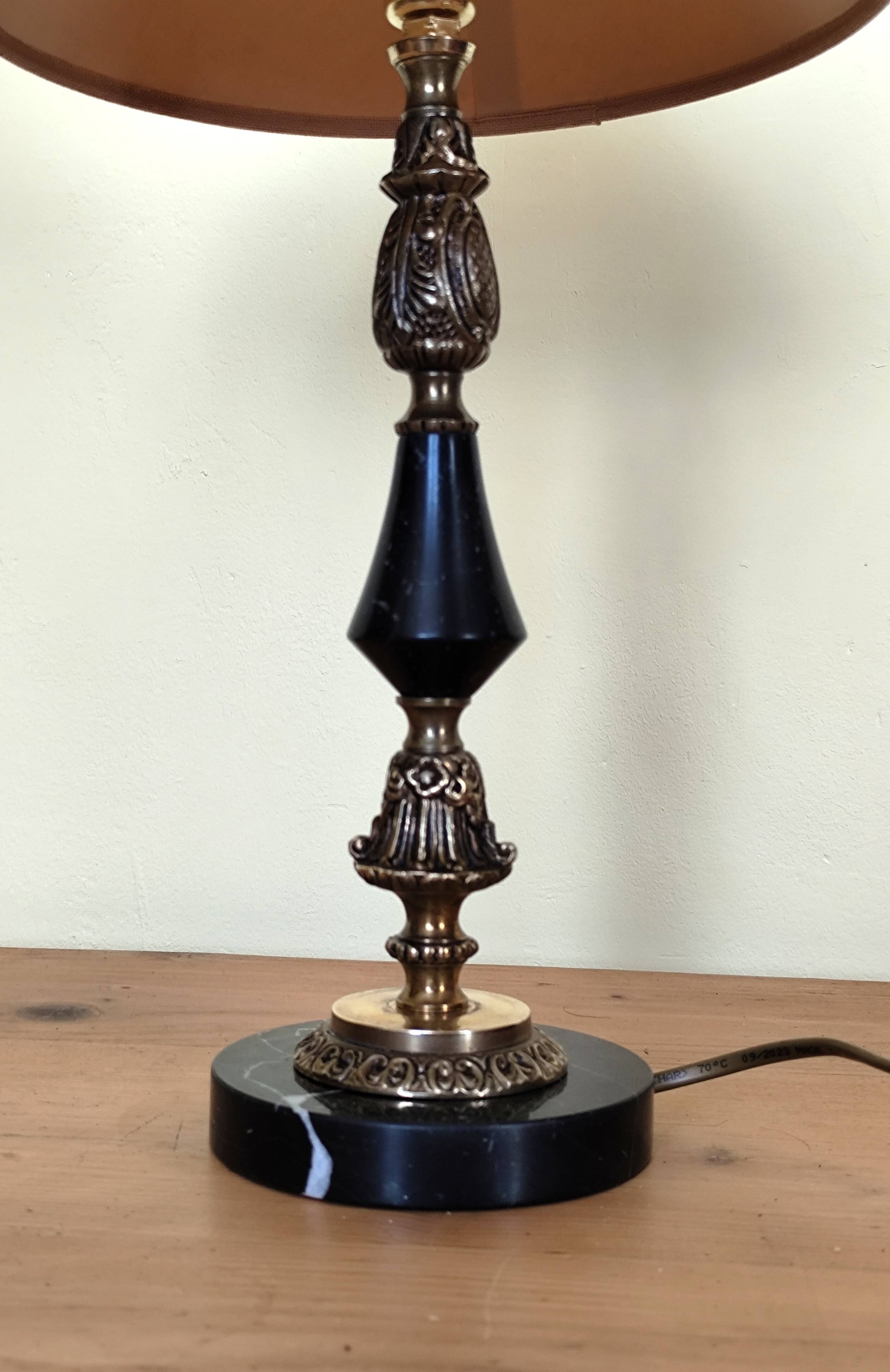 Table lamp base candlestick in chiselled brass and marble base.