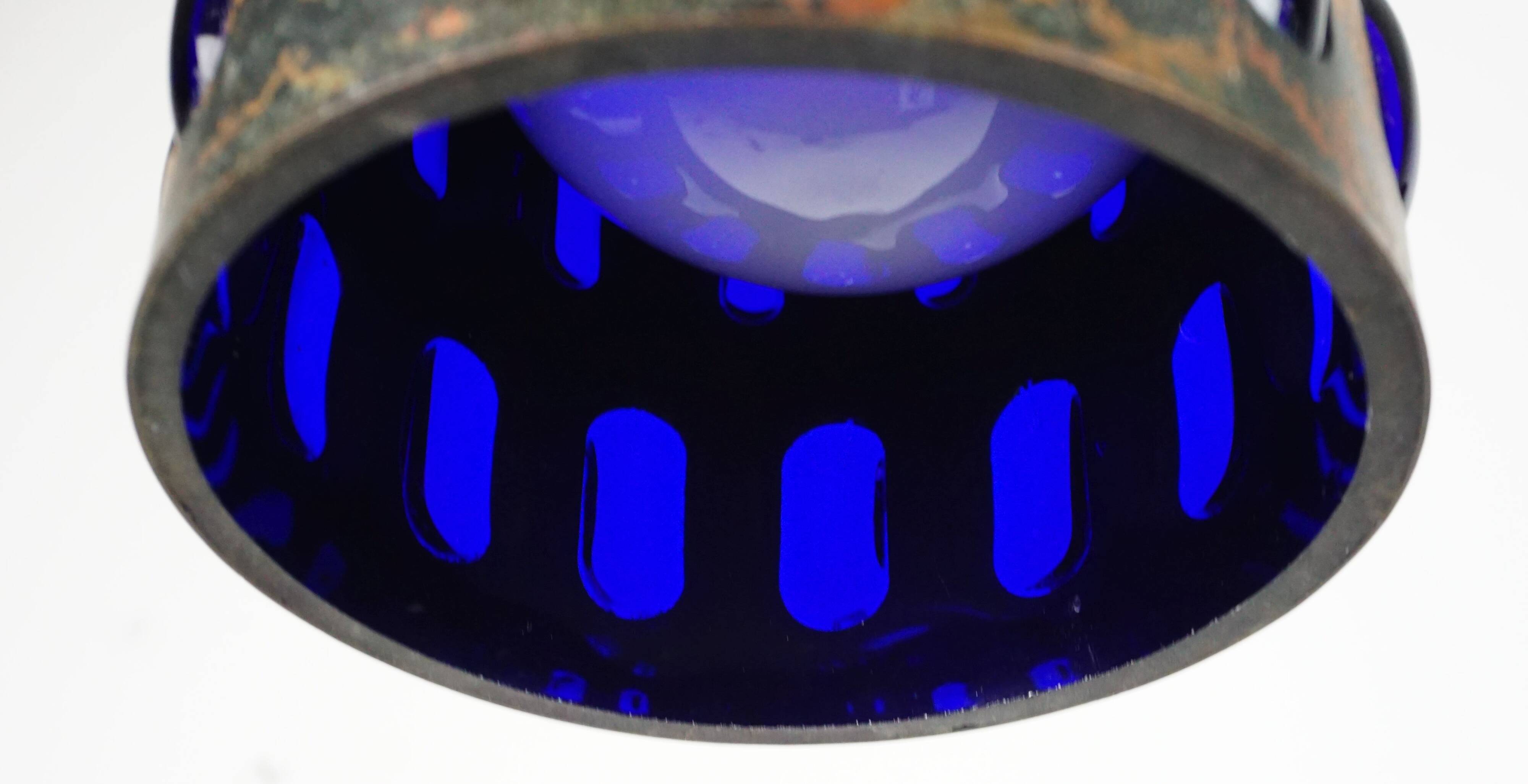 mid century modern PENDANT LAMP flamed copper and blue glass 1960s