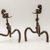 Pair of brutalist wrought iron candlesticks, French work, 1950s-1960s