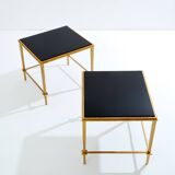 Pair of side tables in gilded iron and black lacquer Maison Ramsay 1950