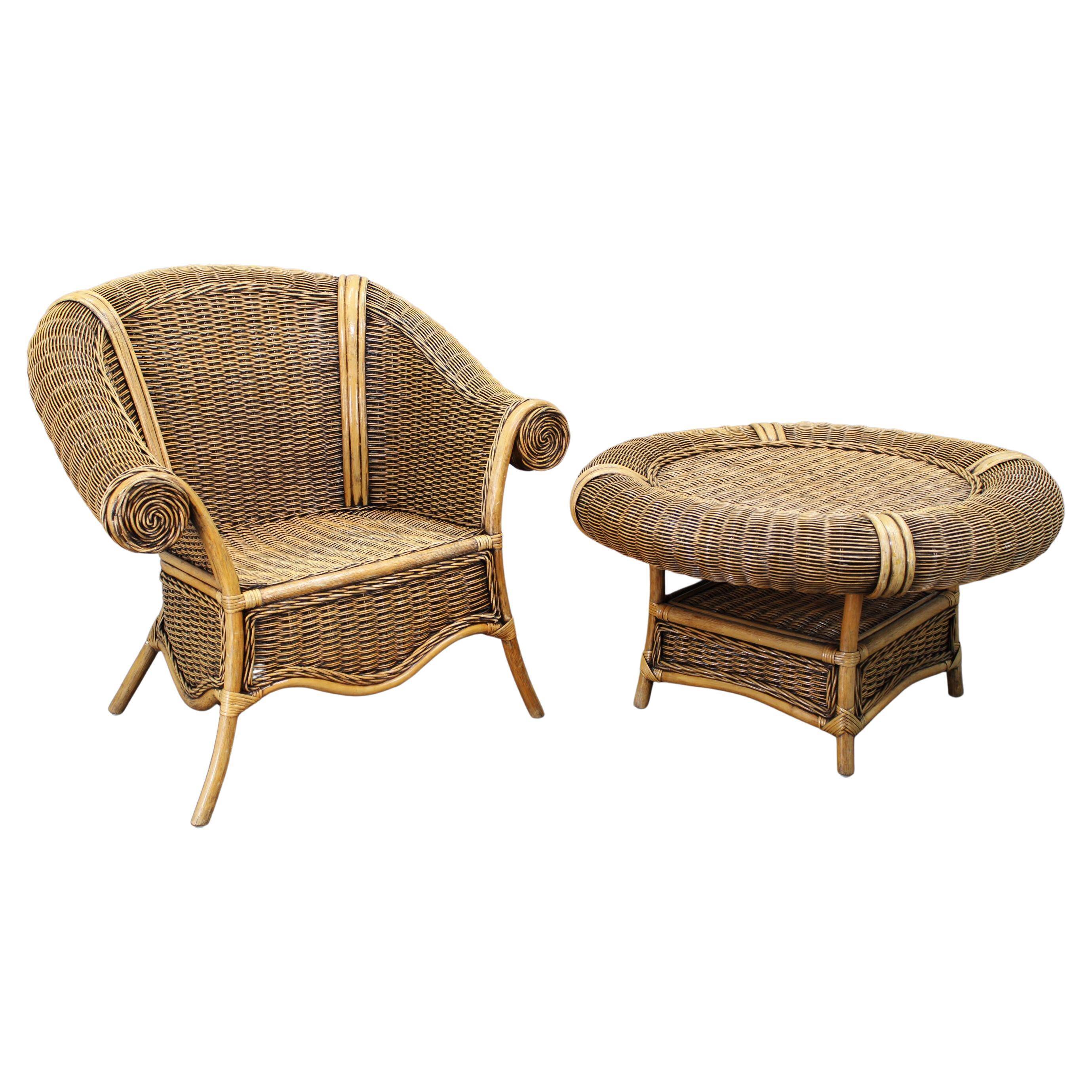 Vintage organic rattan armchair and round coffee table set, 1980s-1990s